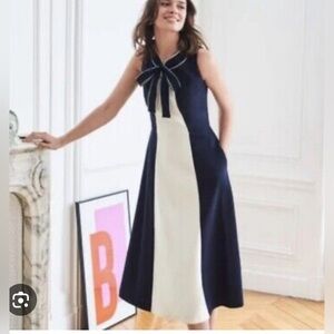 Boden Elise Ponte Navy and White Sleeveless Dress with Neck Bow EUC US2P